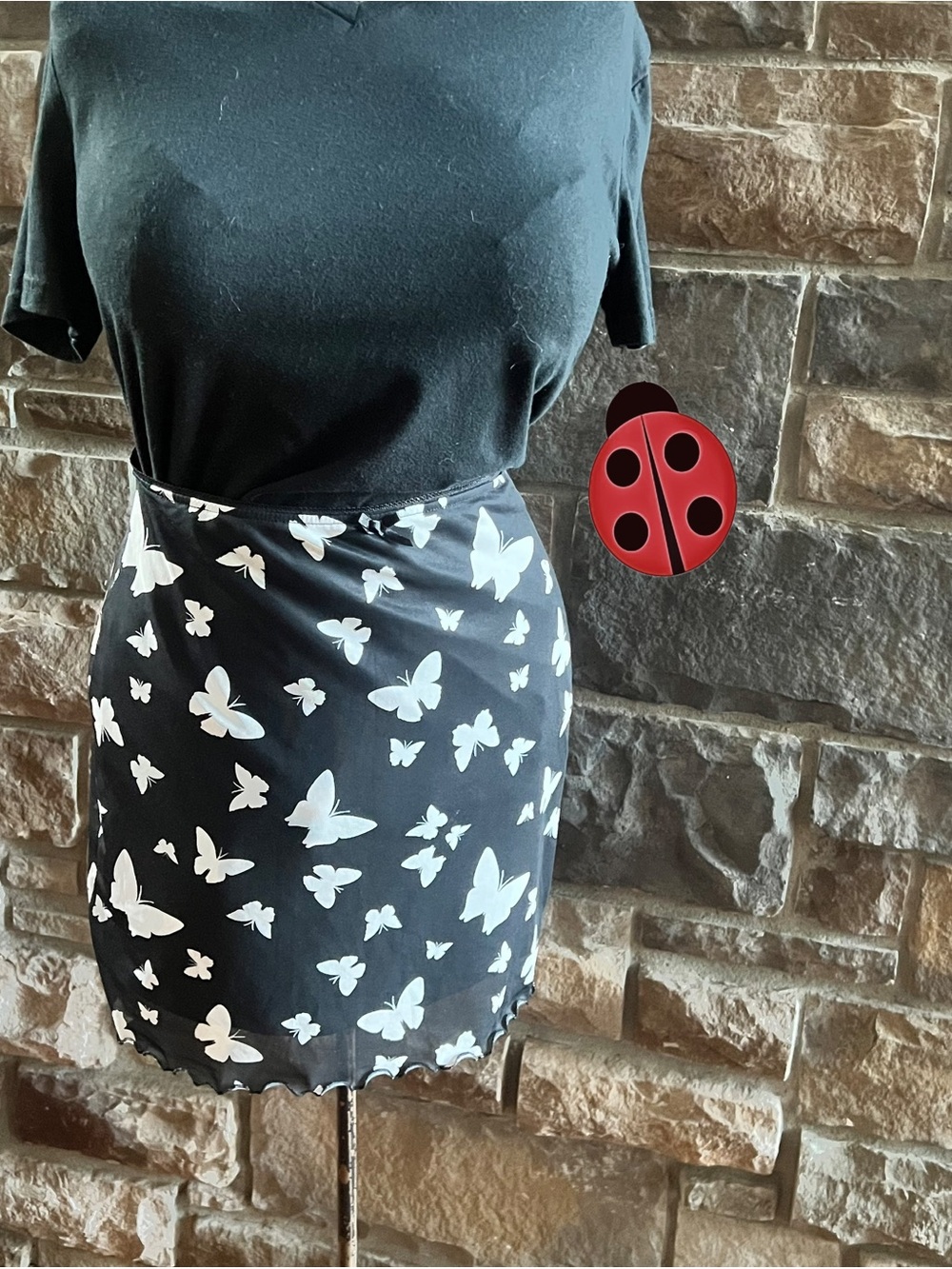 wild fable Black Mini Skirt with White Butterfly Print -small